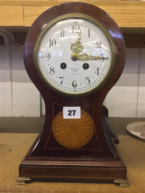 Mahogany and marquetry balloon mantel clock and a similar mahogany bracket